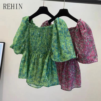 เสื้อสตรี REHIN ฝรั่งเศสจีบสองวิธีในการสวมใส่ปิดไหล่และสแควร์คอปกแขนสั้นลายดอกไม้เสื้อชีฟองเก๋แนวโน้มเสื้อ