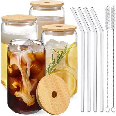 ♈❍﹉ 4Pcs/set with Cover Glass Water Cup Transparent Drinkable Drink Cup with Straw Beer Cup Iced Coffee Cup High-value Water Cup