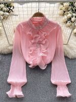 SINGREINY High Street Pleated Loose Shirt Women Ruffles Neck long Sleeves Chiffon Top Fashion Korean Hotsweet Beading Blouse