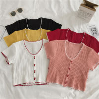 ?LadyCloset Shop? (N336)พร้อมส่ง เสื้อไหมพรมครอปแขนสั้น คอวี กระดุมหน้าผ้านิ่ม ใส่สบายมากกก