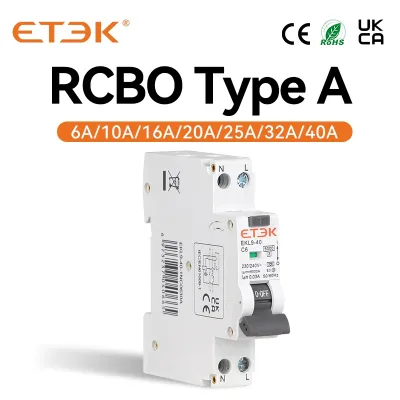 ETEK RCBO Type A Residual Automatic Circuit Breaker 6KA 1P N 2P 16a 20a With Over Current Leakage Protection 30mA EKL9-40