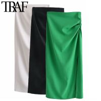 TRAF  Summer High Waist Zipper Back Ruched Detail Split Side Women Casual Straight Midi Skirts Green Femme Jupe