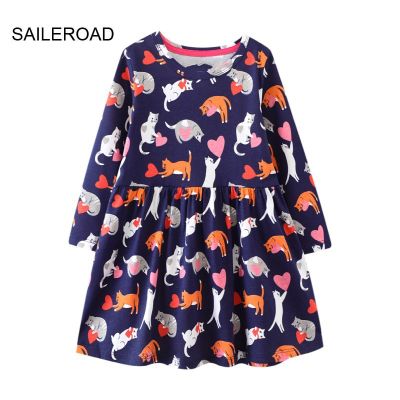 〖jeansame dress〗 SAILEROAD 2 7 Years Cats Designs Dresses Children Long Sleeve Dress Outfit Baby Girls Princess Dress Cotton Kids Clothes