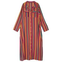 Women Lapel Neck Button Color Striped Print Maxi Dress Casual Loose Long Sleeve Long Shirt Dress With Pockets