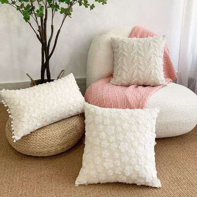 White Embroidered Cushion Cover with 3D Plum Blossom,Butterfly Feather Pillowcase Cotton Linen Decorative Cover for Living Room