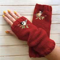 Embroidered Bird Gloves Womens Cotton Fingerless Knit Block Stitching Mittens Winter Warm Cold-proof Outdoor Fingerless Gloves