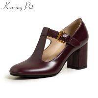 krazing pot natural leather round toe high heels T- straps shoes women young lady streetwear fashion retro classic pumps chic