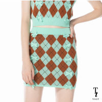 TandT - "BENSEN" Mint &amp; Brown Checked Bodycon Knitted Mini Skirt กระโปรงทอนิตติ้งสั้นเข้ารูป ทอลายข้าวหลามตัด ตกแต่งโครเชต์รูปโบว์ ทอลาย 2 สี