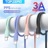 TOPZERO 60W สายชาร์จ USB Type C,สายชาร์จเร็วมากสายซิลิโคนนิ่มสำหรับ MacBook iPad Pro Huawei Xiaomi OPPO VIVO Samsung