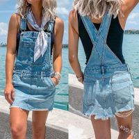 [COD] Cross-border European and womens jeans summer mid-waist straight-leg washed denim suspenders short spot