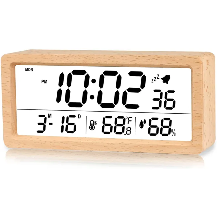 Digital Alarm Clock, Electronic LCD Time Display Wooden Desk Clock