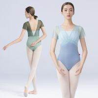 【QZY Department Store】 Leotards บัลเล่ต์ผู้หญิงชุดบัลเลต์ไนลอนประกบแขนสั้นมีจีบบอดี้สูทยิมนาสติกปลอมสองชิ้น