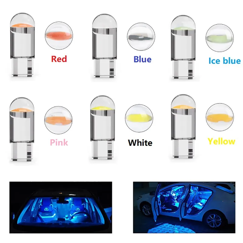 Car LED T10 W5W Canbus Glass COB 6000k Reading Dome Lamp Marker Wedge  License plate Bulb 168 194 192 DC 12V White Blue Red