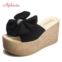 Aphixta 2022 Summer Crystals Appliques Bow 9cm Heels Platform Women Wedge Slippers Female Sandals Clog Shoes Slides Women