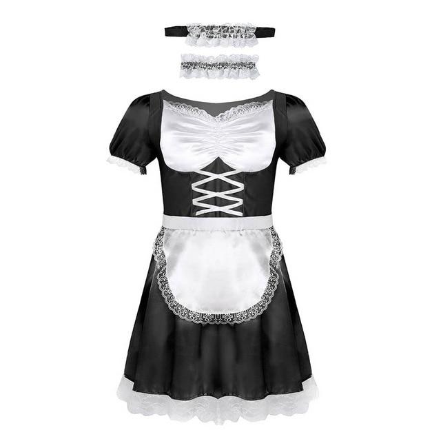 inlzdz Mens Square Neck Short Sleeves Lace Hem Sissy Satin Night Dress with Apron French Maid Outfits 