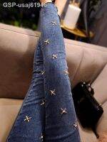 Calça Jeans Feminina Com Strass Cintura Alta Algodão ยืดรัดรูปยีนส์รัดรูป Nova Verão 2022