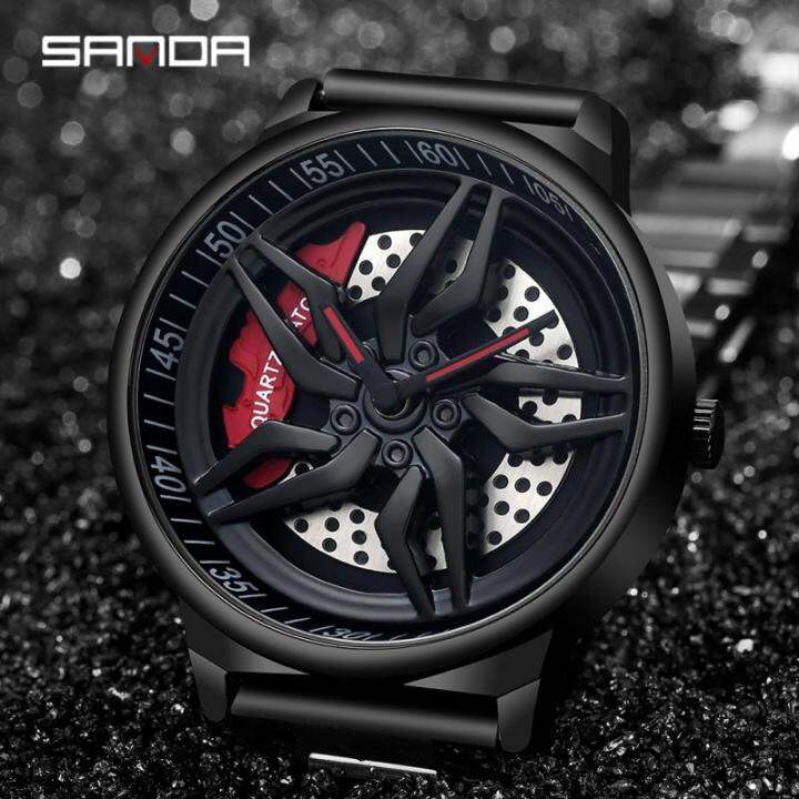 Rotating Dial Waterproof SANDA Car Wheel Watch Men Quartz Sport Steel