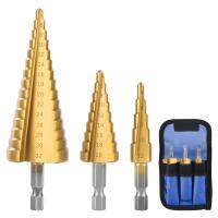 【2023】3Pset 3-12mm 4-12mm 4-20mm HSS Straight Groove Step Drill Bit Titanium Coated Wood Metal Hole Cutter Core Drilling Tools Set