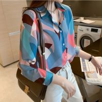 Western style casual shirt new style womens lapel color chiffon long-sleeved blouse