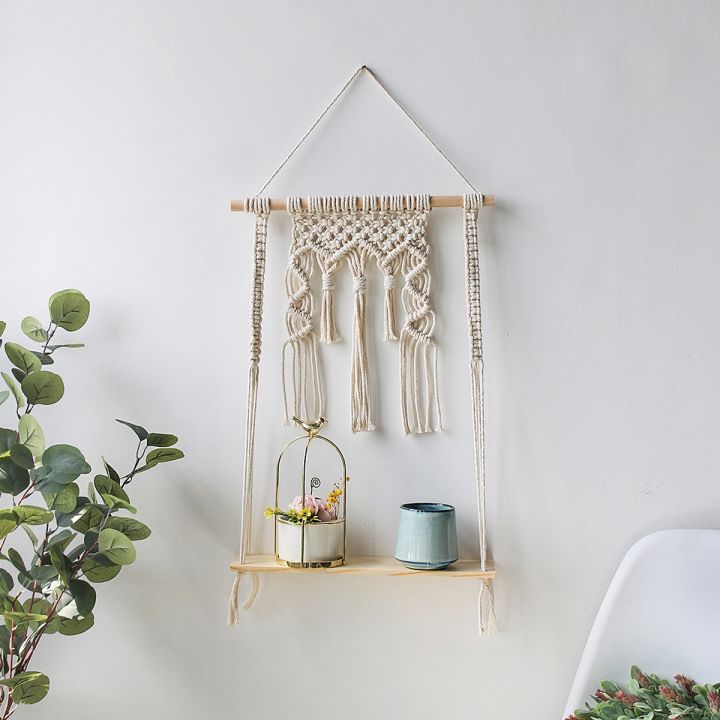 macrame-ชั้นไม้ลอยน้ำสำหรับตกแต่งชั้นแขวนผนัง-การตกแต่งบ้านโบฮีเมียนในร่มและกลางแจ้งเชือกทำมือสำหรับวางต้นไม้