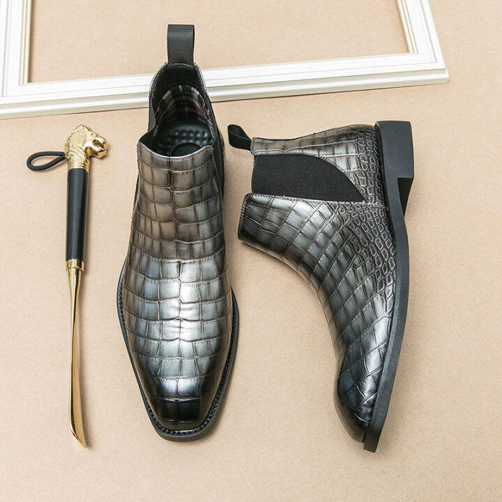 Man Chelsea boots Casual Retro Short Printing Vintage Medium Cut Ankle