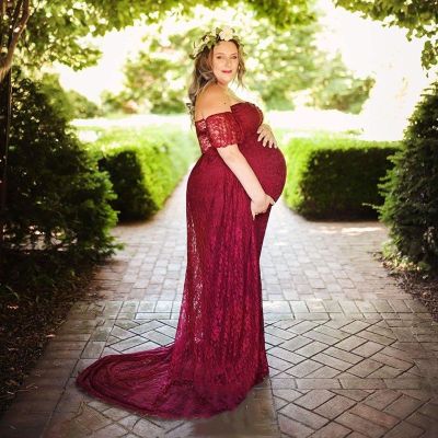 Pregnant Women Off Shoulder Ruffle Sleeve Lace Maternity Gown Maxi Photography Dress Elegant Pregnancy Dresses for Photo Shoot