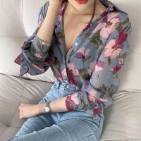 Womens Chiffon Shirts Fashion Floral Print Long Sleeve Chiffon Shirt Tops