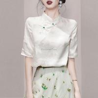 chinese retro style top improved cheongsam collar stand white qipao button design half sleeve women Disc buckle blouse Haberdashery