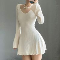 【YF】 Knitting Elegant Dress For Women Spring Fall Solid Color V Neck Office Lady Irregular Hem Simple Basic Slim Dresses