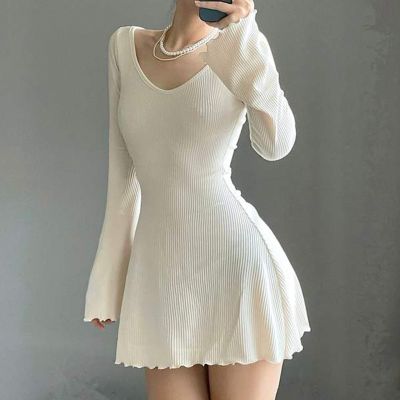 【YF】 Knitting Elegant Dress For Women Spring Fall Solid Color V Neck Office Lady Irregular Hem Simple Basic Slim Dresses