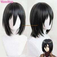 【ร้อน】 Mikasa Ackerman สีดำ35เซนติเมตรสั้นบ๊อบคอสเพลย์วิกผมอะนิเมะโจมตีบนไททันทนความร้อนคอสเพลย์ผมวิกผมหมวก