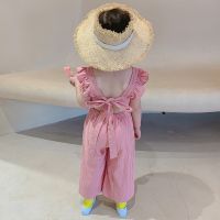 LOK04753 Kids Girls Backless Jumpsuits Korean Style Sweet Sleeveless Wide Leg Pants Pants