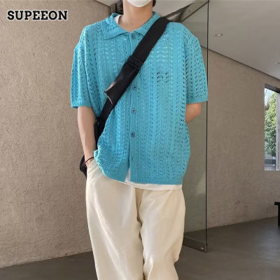 SUPEEON丨 Knitted short sleeves Mesh Knitted shirts Loose top Casual trend Short sleeves for men vnb