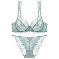 Lingerie Women Sheer Bra Set With Thong Ruffles Straps With Bowknot Breathable Underwired Mint Green Brassiere Womens Underwear