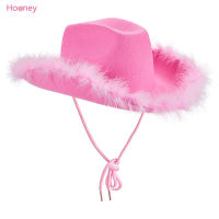 หมวกคาวบอยสีชมพู HOONEY หมวกหมวกปีกกว้างหมวกคาวเกิร์ลคาวบอยขนนกสำหรับผู้หญิง