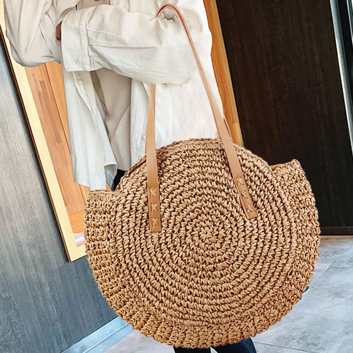 จัดส่งเร็ว-กระเป๋าถือสำหรับชายหาดฟางทรงกลมสำหรับฤดูร้อนผ้าทอขนาดใหญ่กระเป๋าถือสไตล์บาหลี