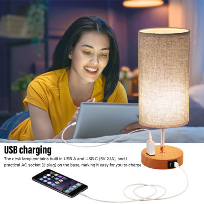 [สงสัย] โคมไฟตั้งโต๊ะควบคุมด้วยการสัมผัส USB โลหะและผ้าชาร์จไฟสามเกียร์โคมไฟโต๊ะข้างเตียง LED กับฐานลายไม้สำหรับสำนักงานห้องนอนเราปลั๊ก110V สีเทา