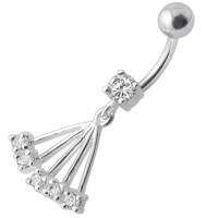 Navel Ring with Big Long Dangling Jeweled Chains With SS Curved Bar