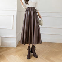 Neophil 2022 Winter Korean Preppy Style Pleated Long Skirts 80cm Elastic High Waist Thick Pu Leather Swing Women Skirt S21901