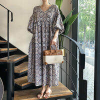 SHENGPALAE  New Summer Women Vintage Loose High Waist Slim Was Thin Elegant V-neck Lantern Sleeve Maxi Dress ZA4776