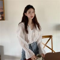 COD Chiffon long-sleeved shirt Womens Spring 2023 new thin irregular ruffle top