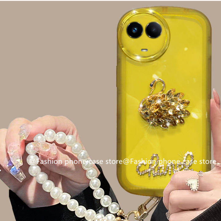 phone-case-เคส-realme-11-4g-realme11-5g-realme-c51-nfc-หรูหราหรูหราพลอยเทียมหงส์สายคล้องไข่มุกปลอกเลนส์ป้องกันสีทึบ2023ซองนุ่มใส