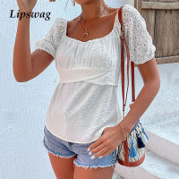 2022 summer new European and American lace stitching chiffon shirt square collar short-sleeved white shirt