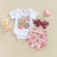 FOCUSNORM Infant Baby Girls Clothes Sets 3pcs Chips Letter Print Short Sleeve Romper + Elastic Waist Shorts + Headband Set  by Hs2023