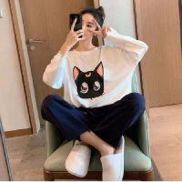 HOUZHOU Pajama Set Women Loungewear Moon Cat Cartoon Printing Pijamas Kwaii Cute Long Sleeved Trousers Round Neck Pyjamas Autumn