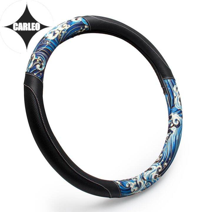 auto-car-steering-wheel-cover-universal-for-subaru-series-model-pu-leather-japan-classic-yamato-ukiyoe-style-pattern-holder