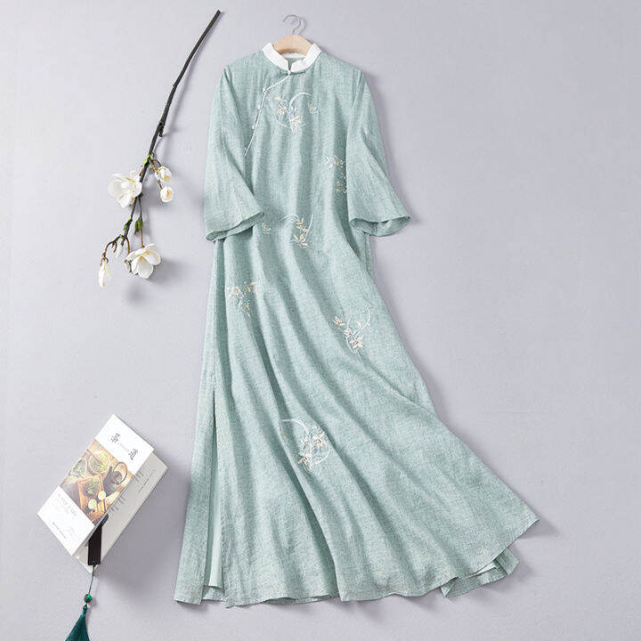 qing-shuzhai-สไตล์จีน-retro-ปักชุดสามไตรมาส-ramie-republic-wind-ผู้หญิงรุ่นปรับปรุงหลวม-cheongsam-ผู้หญิง