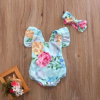 0-24M Fashion Newborn Baby Girl Floral Print Sleeveless Bodysuit With Headband Summer 2PCS Outfits Set  by Hs2023