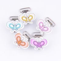 Free Shipping 4Pcs Baby Pacifier Clips Wood Cartoon Butterfly Pattern Mixed Color Cute Infant Soother Clasps 34x30mm F0530x2 Clips Pins Tacks