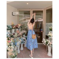 chuuchop_พร้อมส่ง(C6305)✨??‍♀️?Summer blue dress ชุดเดรสสายเดี่ยวยาว ลายดอกไม้ สีฟ้า
